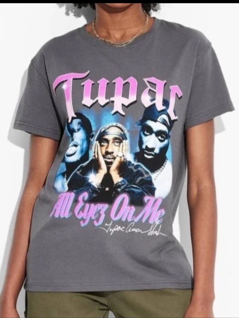 2PAC All Eyes On Me Graphic Tee Grey Pink/Blue Accents Crew Neck Cotton Sz L